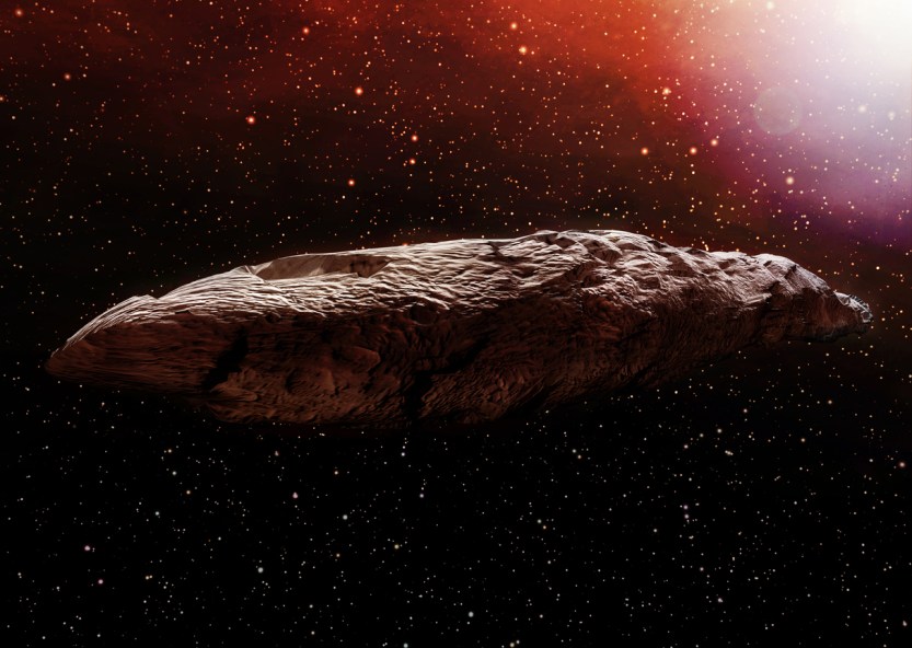 A 3D illustration of the interstellar object known as Oumuamua. Originally classified as an asteroid, Oumuamua is an object estimated to be about 230 by 35 meters (800 ft x 100 ft) in size, travelling through our solar system.